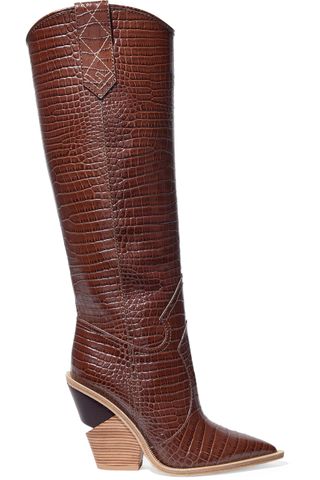 Fendi + Croc-Effect Leather Knee Boots