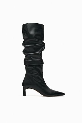 Zara + Slouchy Knee-High Heeled Leather Boots