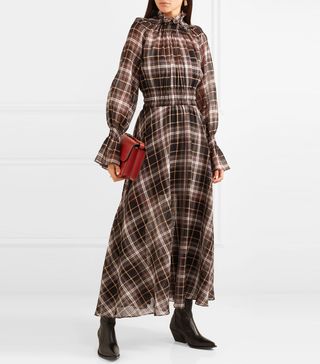 Beaufille + Shirred Checked Cotton and Silk-Blend Maxi Dress