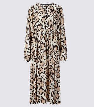 Marks & Spencer + Animal-Printed Long-Sleeved Tea Midi Dress