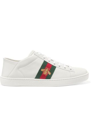Gucci + Ace Embroidered Leather Collapsible-Heel Sneakers