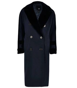 River Island + Navy Faux Fur Trim Double Breasted Coat