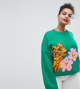 ASOS Curve + Tiger Sweater with Tropical Flower