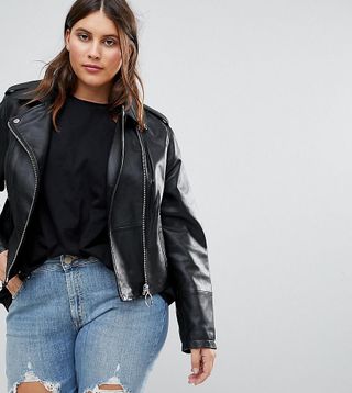 ASOS Curve + Leather Jacket with Ring Pull Details
