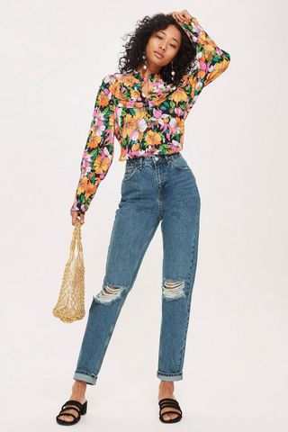 Topshop + Moto Mid Blue Ripped Mom Jeans
