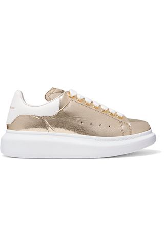 Alexander McQueen + Metallic Cracked-Leather Exaggerated-Sole Sneakers