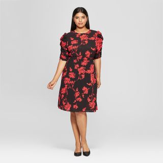 Who What Wear x Target + Floral Print Short Sleeve Smocked Waist Dress