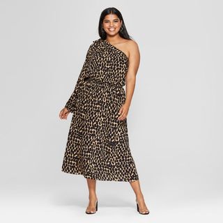 Who What Wear x Target + Leopard Print Long Sleeve One Shoulder Midi Dress
