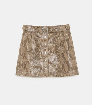 Zara + Snakeskin Print Leather Mini Skirt