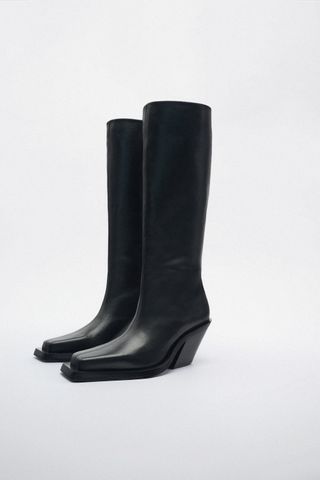 Kaia x Zara + Knee High Leather Cowboy Boots