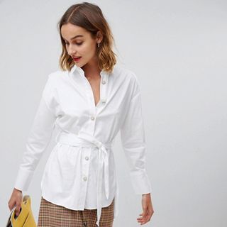 River Island + Oversized Belted Shirt in White