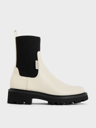 Charles & Keith + Chalk Two-Tone Knitted Sock Ridge-Sole Chelsea Boots