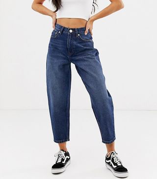 ASOS Design + Petite Balloon Boyfriend Jeans in Dark Mid Vintage Blue Wash