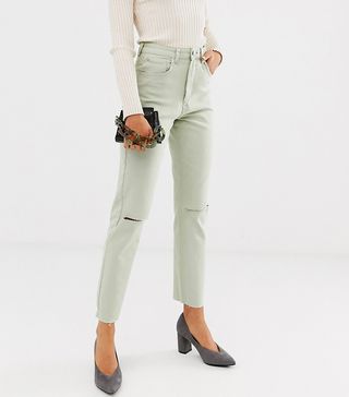 ASOS Design + Farleigh High-Waist Slim Mom Jeans With Rip and Raw Hem in Mint