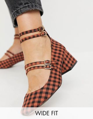 ASOS Design + Wide Fit Wilma Mary Jane Mid Heels in Check