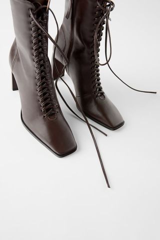 Zara + Laced Leather High-Heeled Ankle Boots