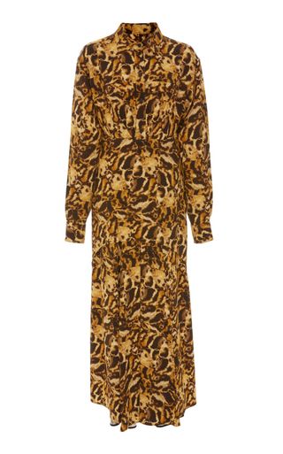 Victoria Beckham + Animal Print Pleated Crepe Shirt Dress