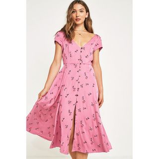 Urban Outfitters + Malena Pink Floral Button-Through Midi Dress
