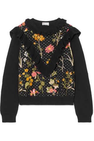 Red Valentino + Ruffled Floral-Embroidered Cotton Sweater