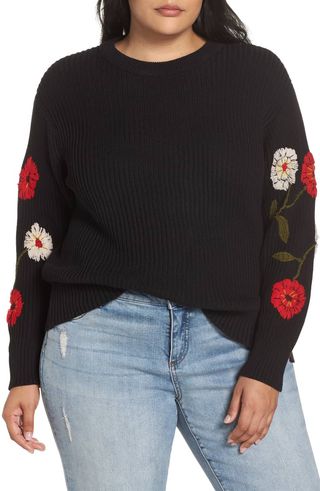 Lucky Brand + Embroidered Sleeve Cotton Sweater