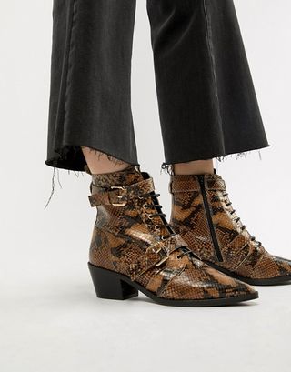 Office Ambassador + Leather Snake Lace Up Two Buckle Ankle Boots