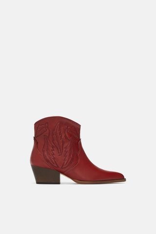 Zara + Embroidered Leather Cowboy Ankle Boots