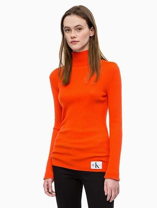 Calvin Klein + Wool Blend Turtleneck Logo Sweater
