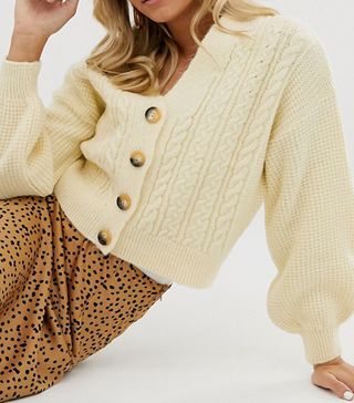 ASOS Design + Cable Crop Cardigan With Volume Sleeve