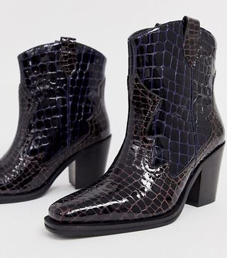 ASOS Design + Richmond Premium Leather Pull On Western Boots in Multi Croc
