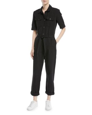 Frame + Short-Sleeve Button-Down Belted Straight-Leg Jumpsuit