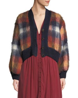 Sea + Maryam Button-Front Plaid Mohair-Blend Combo Cardigan