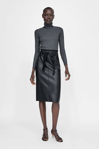Zara + Faux Leather Skirt With Tie