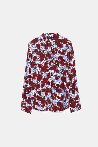 Zara + Floral Print Blouse With Shoulder Pads