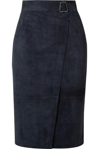 Akris + Belted Wrap-Effect Suede Skirt