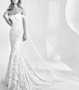 Atelier Pronovias + Rani Embellished Off the Shoulder Mermaid Gown