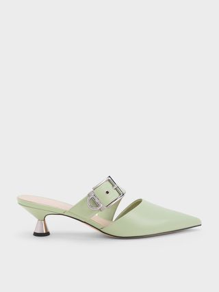 Charles 
Keith + Sage Green Asymmetric Buckle Heeled Mules