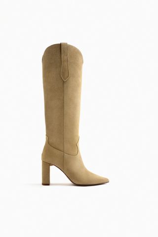 Zara + Knee-High Suede High Heel Cowboy Boots