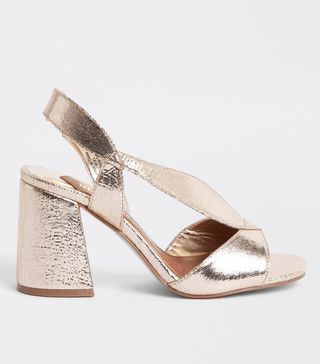 River Island + Gold Wide Fit Asymmetric Flare Heel Sandals