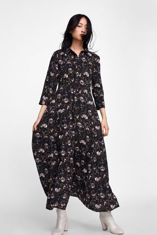 Zara + Floral Print Shirt Dress