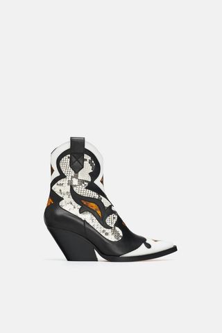 Zara + Animal Print Leather Cowboy Ankle Boots