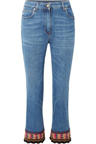 Etro + Cropped Embroidered High-Rise Flared Jeans