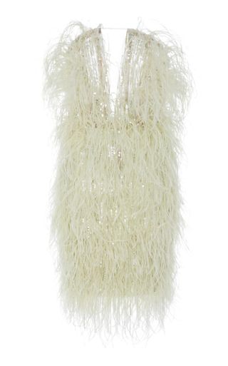 Pamella Roland + Strapless Ostrich Feather and Sequin Embroidered Dress