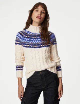 M&S Collection + Fair Isle Cable Knit Funnel Neck Jumper