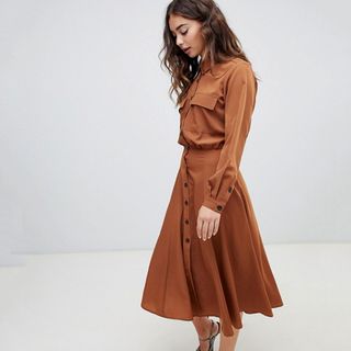 Warehouse + Top Pocket Shirt Dress in Rust