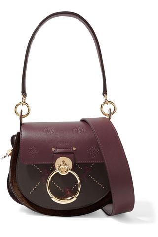 Chloé + Tess Small Studded Embroidered Leather and Suede Shoulder Bag
