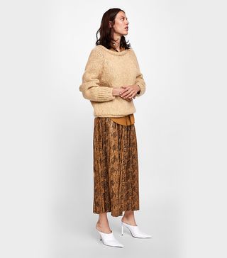 Zara + Snake Print Pleated Midi Skirt