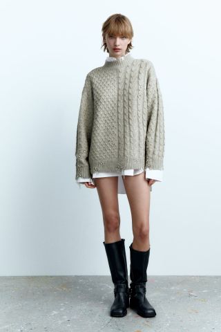 Zara + Cable-Knit Sweater With Studs
