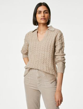 M&S Collection + Cable Knit Collared Split Hem Jumper