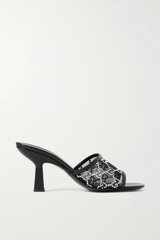 Gucci + Demi Leather-Trimmed Crystal-Embellished Mesh Mules