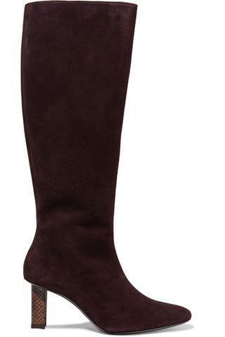 Staud + Benny Snake-Effect Leather-Trimmed Suede Knee Boots
